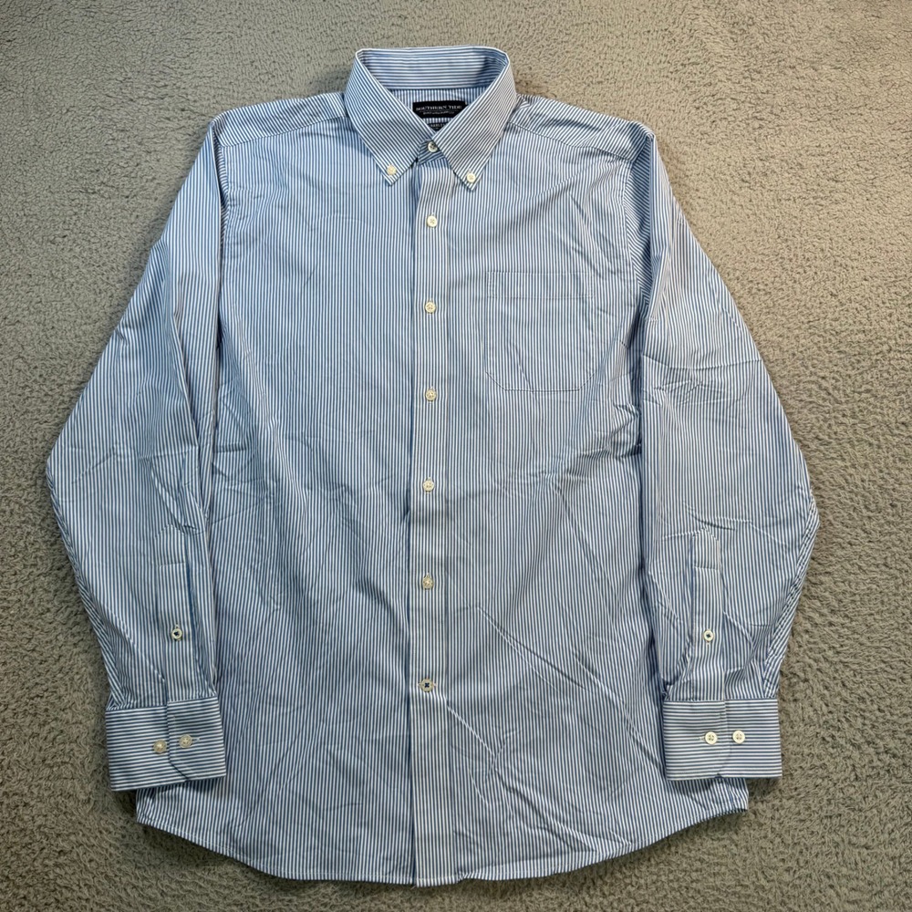 Southern Tide Charleston Mens Medium Blue White Striped Performance Button Down